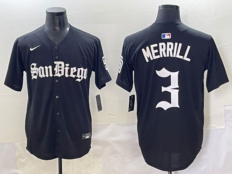 Men 2025 San Diego Padres #3 Merrill Black Five generations Joint Name Nike MLB Jersey style 1->san diego padres->MLB Jersey